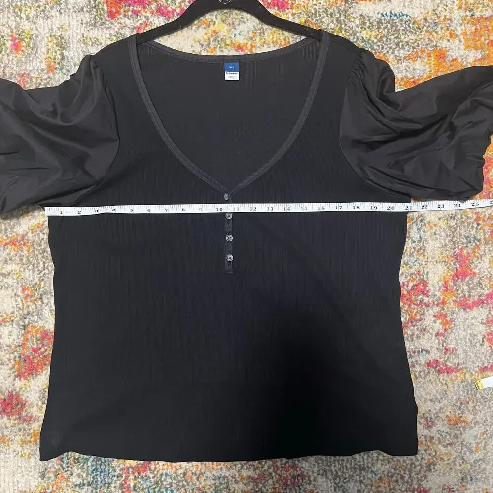 Old Navy Black Puff Sleeve V-Neck with Buttons Top Size XXL